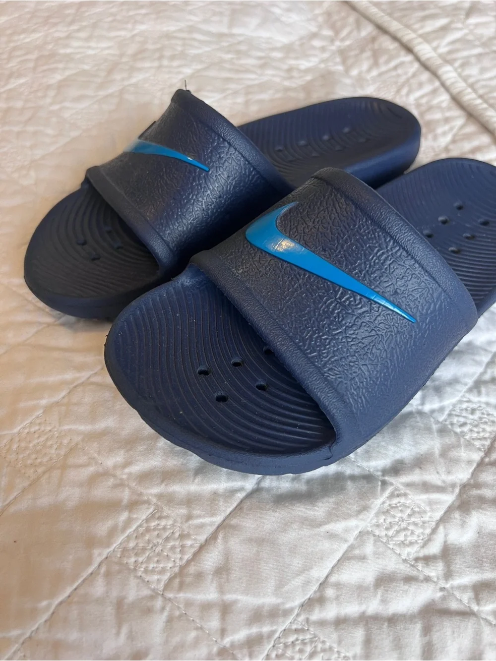Nike Dark Blue Slide Sandals with Light Blue Swoosh